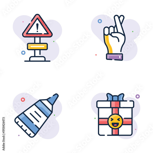 Set of outline design icons related to April Fools' Day pranks.