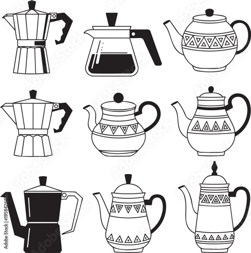 A collection of black and white stylized moka pots and teapots with geometric patterns