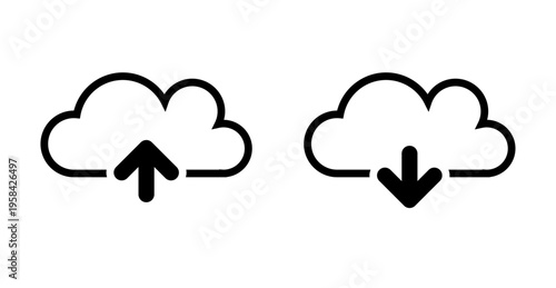 Upload and cloud download isolated icon set. Simple server upload and download line art icons. UI design element - technology theme vector.
