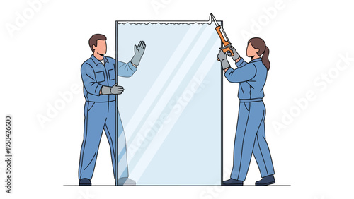 Glass Installation: A focused work crew in protective gear meticulously installs a pane of glass, showcasing expertise and precision in their craftsmanship.