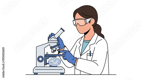 Scientific Exploration: A woman scientist, donned in protective gear, intensely examines a sample under a microscope in a laboratory, symbolizing scientific investigation and discovery.