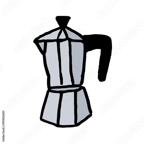 Coffee brewing moka pot. Italian style coffee maker pot. Doodle style hand drawn object. Simple isolated drawing.