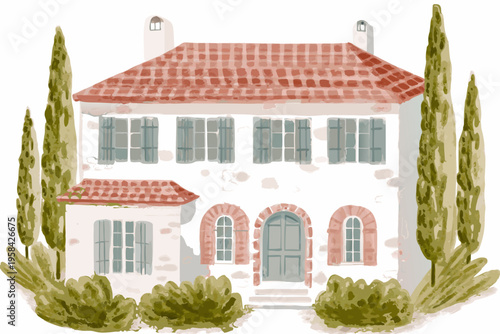 Charming watercolor illustration of a two story house with a red tile roof