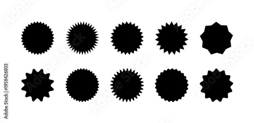 Set of star shaped badges. Black starburst or sunburst sticker, tag, design element collection. Simple starburst vector graphics set.
