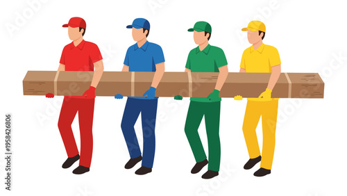 United Workforce: A diligent team of four laborers, each donned in a vibrant uniform, cooperatively transport a large package, epitomizing the essence of teamwork and shared effort.