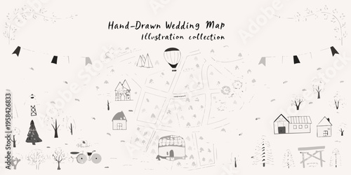 A whimsical hand drawn wedding map illustration with charming details