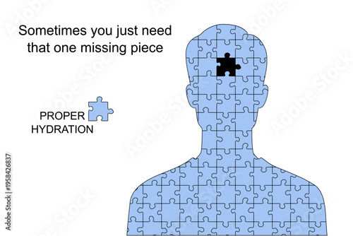 Meme about proper hydration and drinking water for physical wellbeing. Person with one missing piece. Humor for social media.