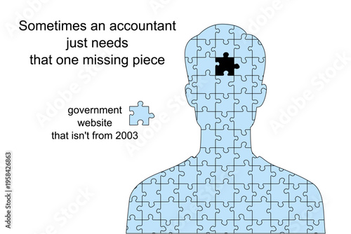 Meme about accounting problems - issues with clunky, janky, slow government websites. Person with one missing piece. Humor for social media.