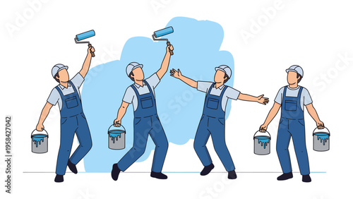 Painters at Work: Illustrative of diligent workers, each equipped with roller and paint, diligently applying paint to a wall, working cohesively to transform the space with artistry and skill.