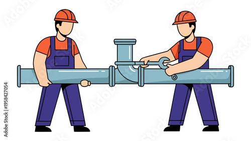 Plumbing Professionals at Work: Two skilled professionals collaborate to assemble and repair water pipes, showcasing precision and teamwork in the vital process of water system maintenance.