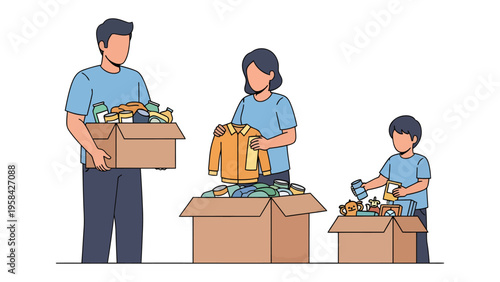 Family Donating Clothes: A loving family, including father, mother, and child, joyfully sorts and donates clothes into cardboard boxes, embodying the spirit of charity.