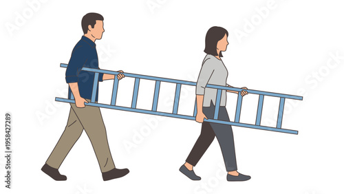 Carrying a Ladder: A man and woman work together, walking while carrying a ladder, symbolizing teamwork and collaboration.