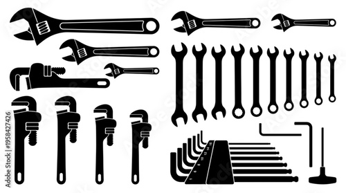 Industrial Wrenches and Hand Tools Vector Silhouette for Repair, Maintenance, DIY, Automotive, and Plumbing