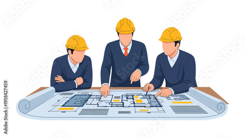 Blueprint Discussion: A team of dedicated construction workers huddle around a detailed blueprint, collaborating on the project's design and structural intricacies.