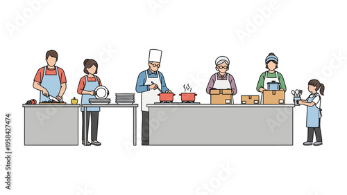 Culinary Collaboration: A diverse group of individuals come together in a kitchen setting to create food, representing community and togetherness.