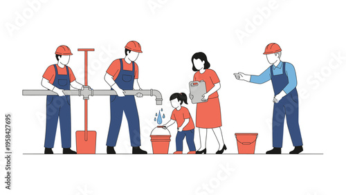 Water Conservation Awareness: A depiction of a community taking care of essential water service.