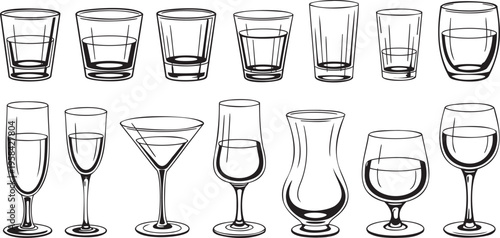 A diverse collection of empty beverage glasses and cups for different drinks in line art style