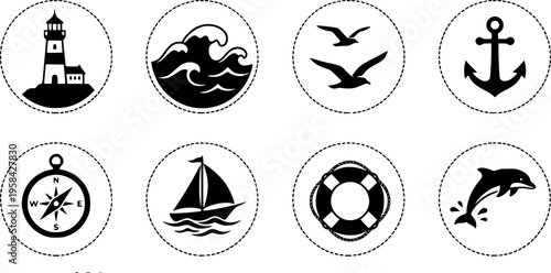 Black and white nautical icons featuring lighthouses waves and birds – Black Vector Illustration