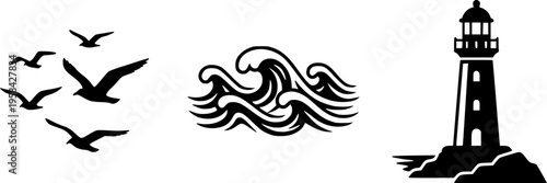 Black and white nautical icons featuring lighthouses waves and birds – Black Vector Illustration
