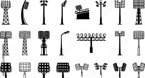 Stadium Floodlight Silhouette and Outline Illustration for Sports Venues and Events – Black Vector Illustration