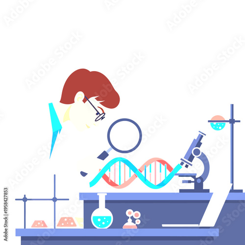 Biologist Scientist Studying DNA Double Helix in Laboratory with Microscope and Beakers, Genetic Research Illustration