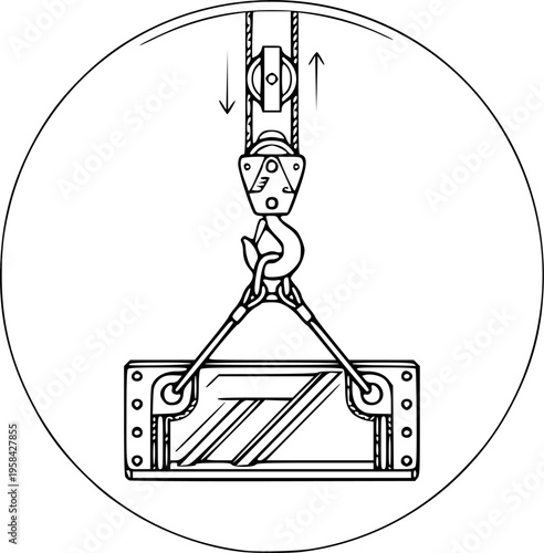 Heavy equipment crane hook icon featuring simple line art of an industrial metal plate lifting diagram – Black and White Vector Illustration