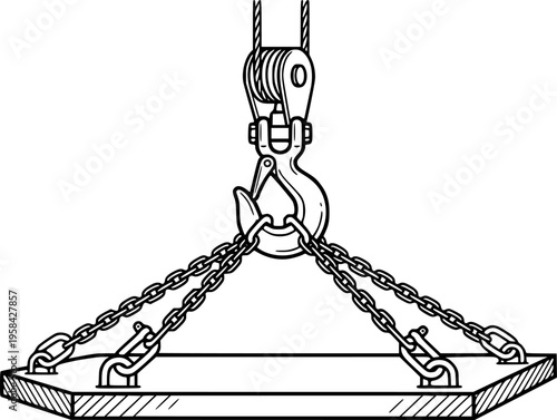 Heavy equipment crane hook icon featuring simple line art of an industrial metal plate lifting diagram – Black and White Vector Illustration