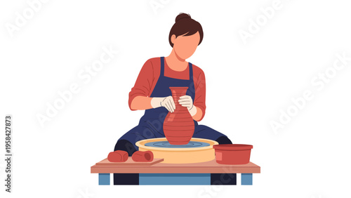 Crafting Pottery: An artist, engrossed in the craft of pottery, sculpts a vase on a spinning wheel, bringing their creative vision to life with skill and care.