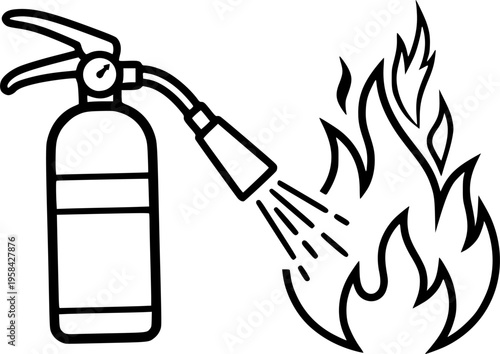 Fire safety illustration featuring a red extinguisher and burning flames – Color Vector Illustration