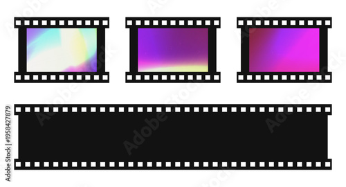 Retro film strip collection. Set of vintage film strips with colorful and transparent frames isolated on transparent background. Realistic 35mm film frame overlays for photo and video design. Vector