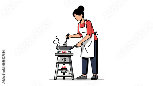 Culinary Creation: A woman expertly cooks in a kitchen, using a pan over a stove, creating a delicious meal.