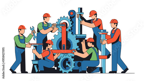 Engineers in Action: A group of skilled engineers meticulously assemble intricate machinery, working together in a harmonious display of collaboration.