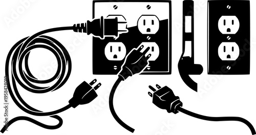 Electrical outlets and plugs in a simple black silhouette – Black Vector Illustration
