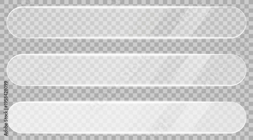 Rectangle glass frames collection. Realistic glass frames with borders, glare, light reflections, and semi-transparent texture. Glassmorphism UI design elements for modern apps and dashboards. Vector