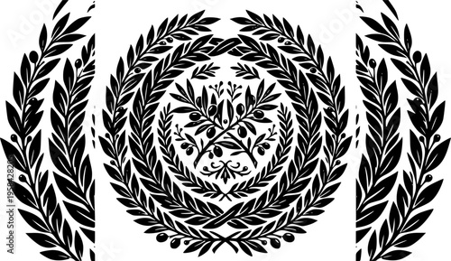 Victory and peace icon set featuring simple black silhouettes of olive branches and laurel wreaths – Black and White Vector Illustration