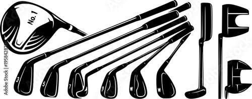 Golf club equipment icon set featuring various iron and driver heads in a striking black silhouette – Black and White Vector Illustration