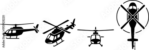 Helicopter aircraft icon set featuring four diverse views in a simple black silhouette for aviation and transport – Black and White Vector Illustration