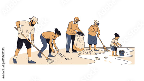 Community Cleanup: A group of volunteers collaboratively clean a beach, gathering trash to preserve environmental health and promote sustainability.