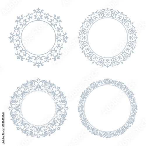 Set of decorative frames Elegant vector element for design in Eastern style, place for text. Floral gray and white frames. Lace illustration for invitations and greeting cards