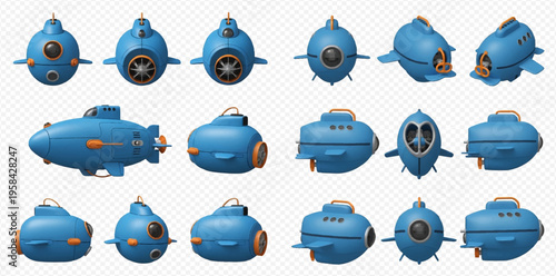 Cute cartoon blue submarine set with different views and angles.