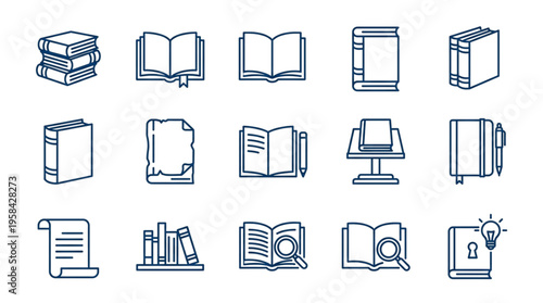 Book and Reading Line Icons Set. Education, Library, Study, Knowledge Outline Symbols for E-learning, Research, Academic.