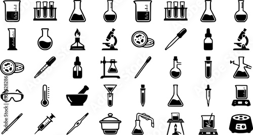 Collection of laboratory equipment icons including beakers and test tubes – Black Vector Illustration