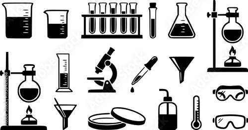 Collection of laboratory equipment icons including beakers and test tubes – Black Vector Illustration