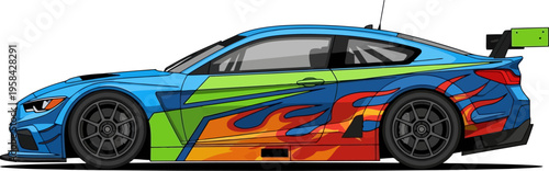 Blue circuit racing car decorated with orange flame decals