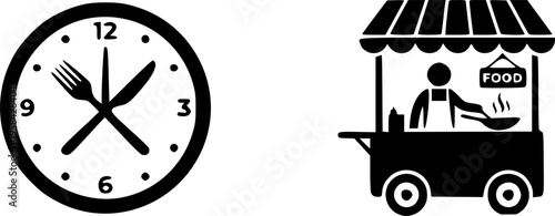 Restaurant icons depicting dining time and a food stall – Black Vector Illustration