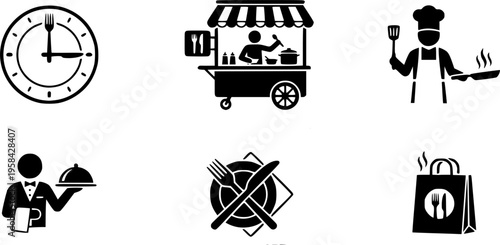 Restaurant icons depicting dining time and a food stall – Black Vector Illustration