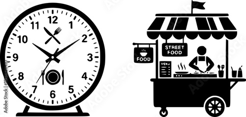 Restaurant icons depicting dining time and a food stall – Black Vector Illustration