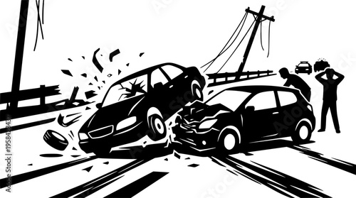 Road accident and vehicle collision icon featuring a striking black silhouette of two cars in a crash – Black and White Vector Illustration