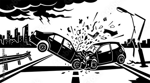 Road accident and vehicle collision icon featuring a striking black silhouette of two cars in a crash – Black and White Vector Illustration