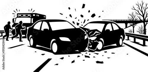 Road accident and vehicle collision icon featuring a striking black silhouette of two cars in a crash – Black and White Vector Illustration